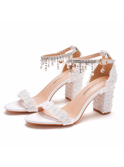 Women Beaded White Lace Sandals