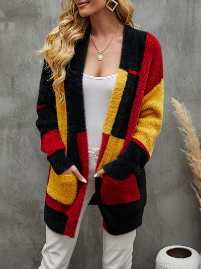 Sable-like V-neck Stitching Contrast Cardigan Sweater