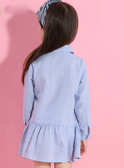 Shirts Kids Dresses Long Sleeve Blue Striped Embroidery