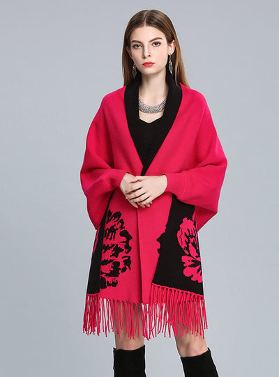 Jacquard Fringed Knitted Shawl Cloak Bat Sleeve Padded