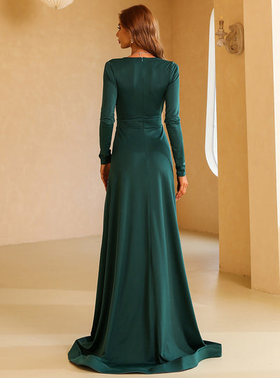 Green Split Long Sleeve Evening Dress