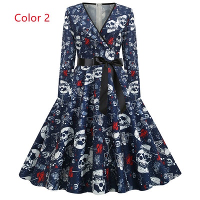 Long Sleeve V-neck Slim Print Dress