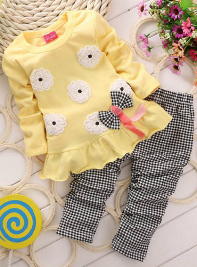 2pcs Kids Twinset Top T Shirt +Plaid Pants Leggings