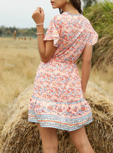 Fashion Floral Short Sleeve Split-Joint Bohemian Short Dress