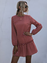 Retro Round Neck Polka Dot Long Sleeve Dress