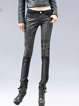 Leather Patched Elastic Low Waist Sexy Slim Pencil Pants