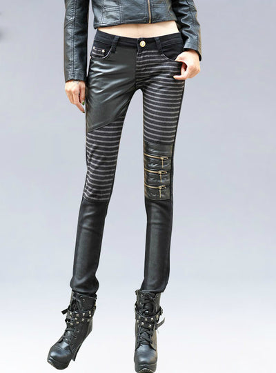 Leather Patched Elastic Low Waist Sexy Slim Pencil Pants