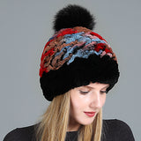 Women's Rex Fur Hat Fox Fur Ball Wool Hat
