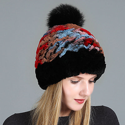 Women's Rex Fur Hat Fox Fur Ball Wool Hat