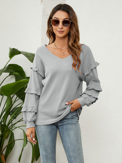 Women V-neck Lantern Sleeve Top