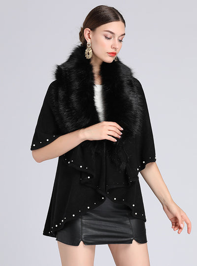 Pearl Imitation Fox Fur Collar Knitted Shawl Bucket