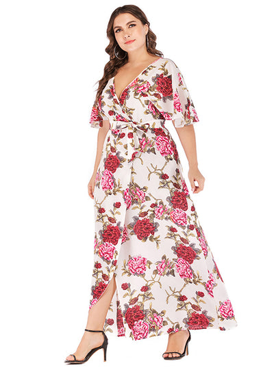 Printed V-neck Short Sleeve Bohemian Split Dress