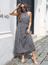 Halter Neck Leopard Print Belt Long Dress