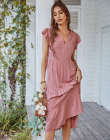 V-neck Sexy Fly Sleeve Solid Color Dress