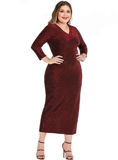 Large Size Bright Silk Pencil Dress