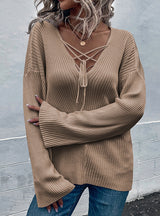 V-neck Lace-up Flared Sleeve Sweater