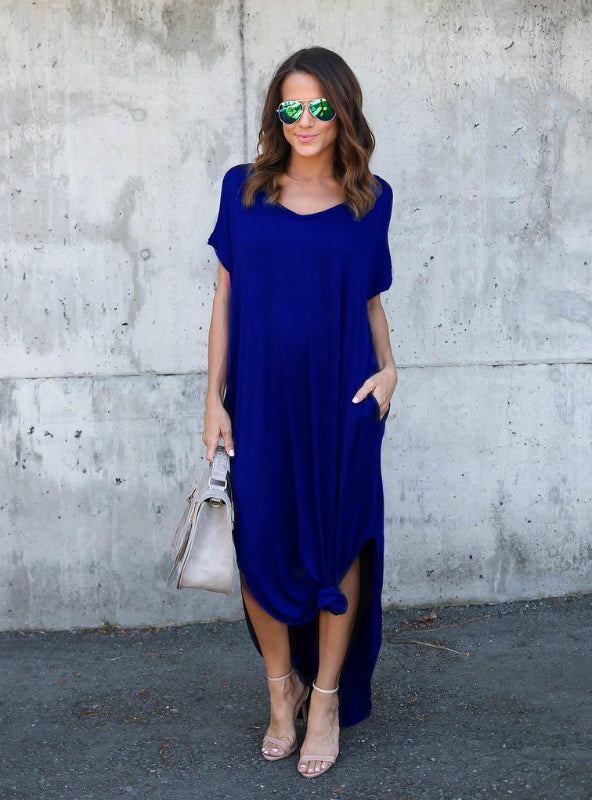 Women's Pocket Long Dress Short Sleeve Split Maxi Dresses – Lilacoo