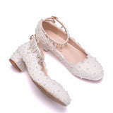 White Lace Square Round Head Wedding Shoes