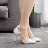 White Lace Rhinestone Pearls Wedding Shoes