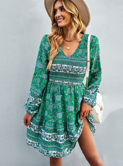 Bohemian Casual Long Sleeve Print Dress