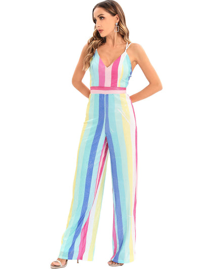 Sexy Retro Suspender Striped Sequined Jumpsuit