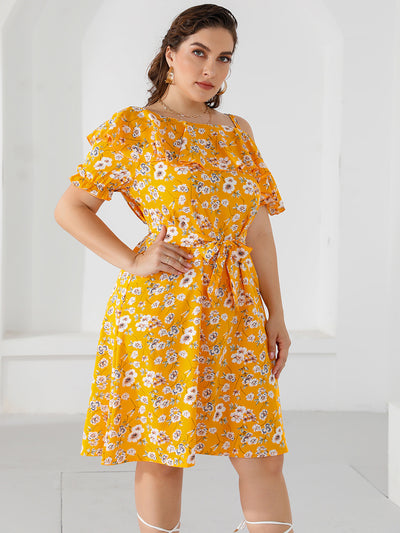 Shoulder Collar Printed Ruffled Holiday Dress