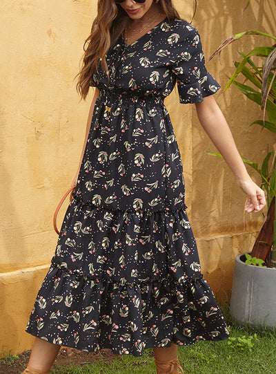 Retro Elastic Waist Print Long Dress