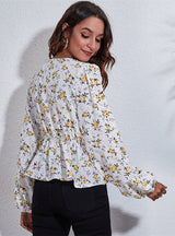 Yellow Floral Print V-neck Lantern Sleeve Top