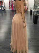 Sexy Deep V-neck Tulle Backless Prom Dress