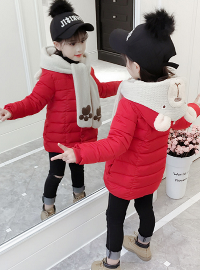 Thickened Girl's Cotton-Padded Jacket With Scarf