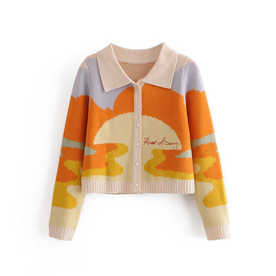 French Style Sunshine Print Short Knitted Sweater