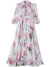 Lily print Lace-up Lantern Sleeves Dress