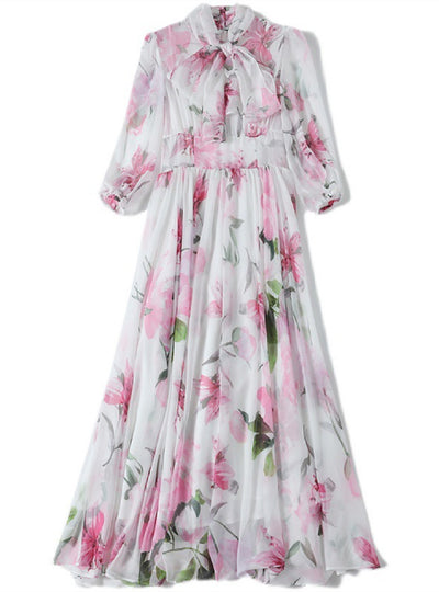 Lily print Lace-up Lantern Sleeves Dress