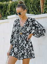 Fashion V-neck Loose Printed Chiffon Jumpsuit