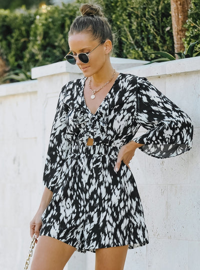 Fashion V-neck Loose Printed Chiffon Jumpsuit