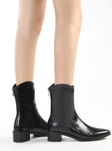 Pointed Bare Back Zipper Thick Heel Booties