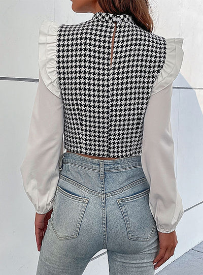 Retro Houndstooth Long Sleeve Ruffled Stitching Shirt