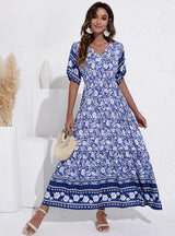 V-neck High Waist Big Swing Printed Dress