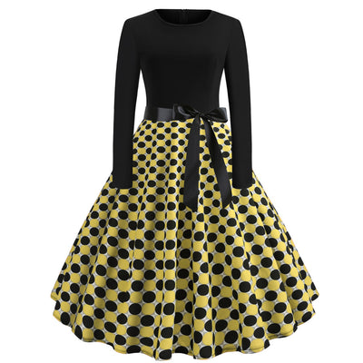 Retro Long Sleeve Round Neck Polka Dot Print Dress