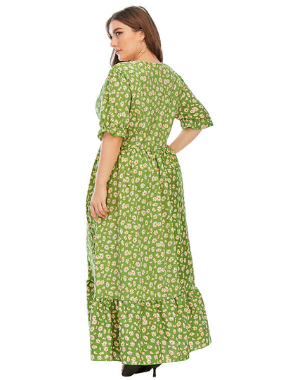 Printed V-neck Ruffle Trumpet Sleeve Chiffon Shirt