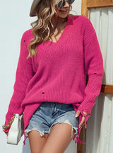 Solid Color V-neck Pierced Tassel Sweater