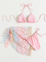 Halter Strap Floral Gauze Skirt Three Piece Swimsuit