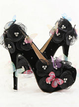 Black Butterfly Flowers Bridal Shoes Stiletto Heels