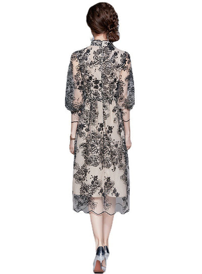 Long Slim Gauze Embroidery Dress