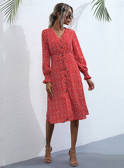 Point V-neck Black Long Sleeve Dress