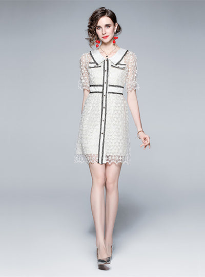 Lapel Daisy Embroidered Hollow Dress