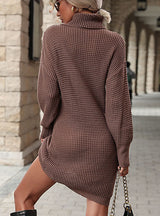 Retro Solid Color Turtle Neck Knitted Dress