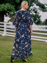 V-neck Lace-up Trumpet Sleeve Chiffon Printed Dress