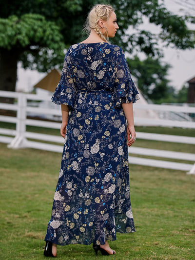 V-neck Lace-up Trumpet Sleeve Chiffon Printed Dress