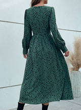 V-neck Long Sleeve Kinked Leopard Print Dress